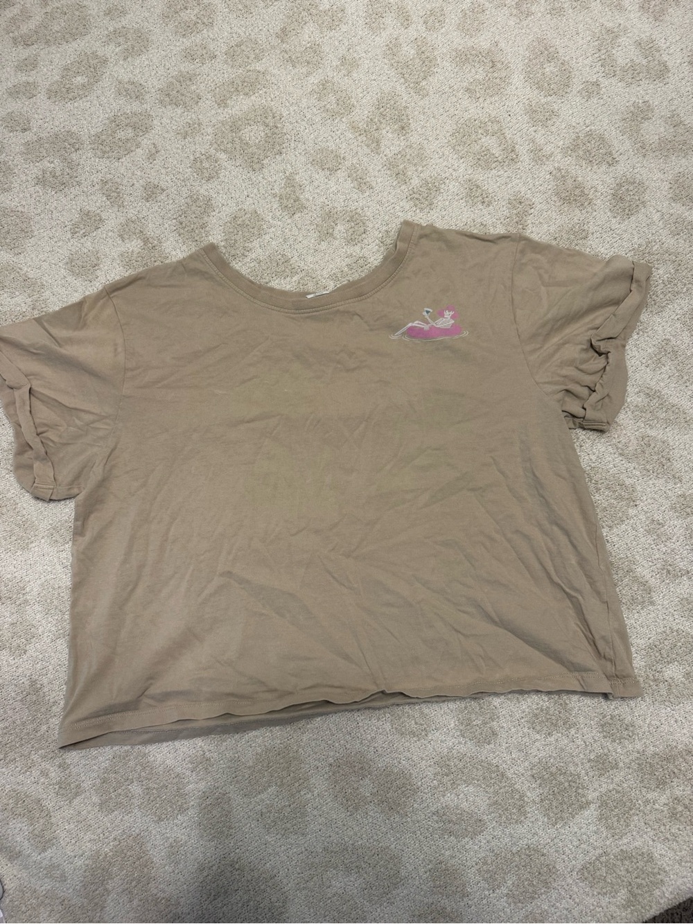 Taupe Cropped Women's Tee with Pink Embroidered Accent